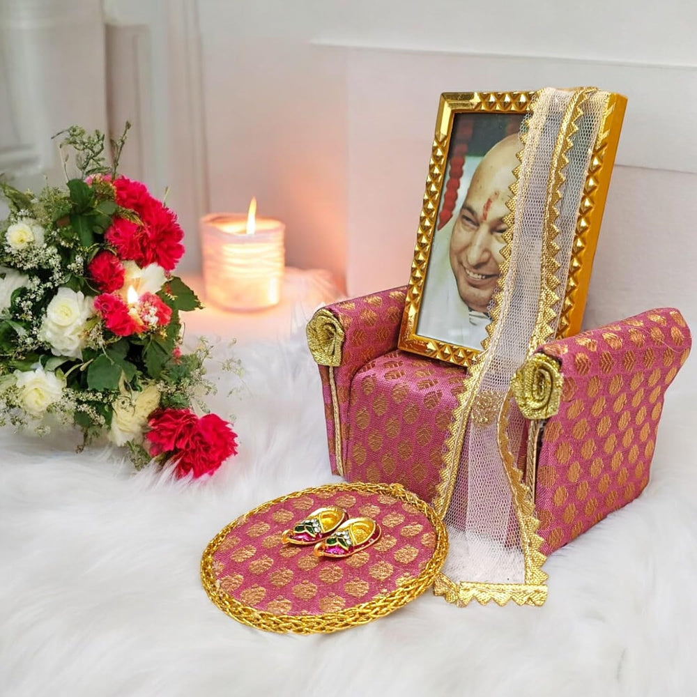 Guruji Darbar Includes Singhasan with Guruji Swaroop, Charan Paduka and Gold Plated Butterfly on mat | Imported Wood | Premium Fabric | Color : Girly Pink