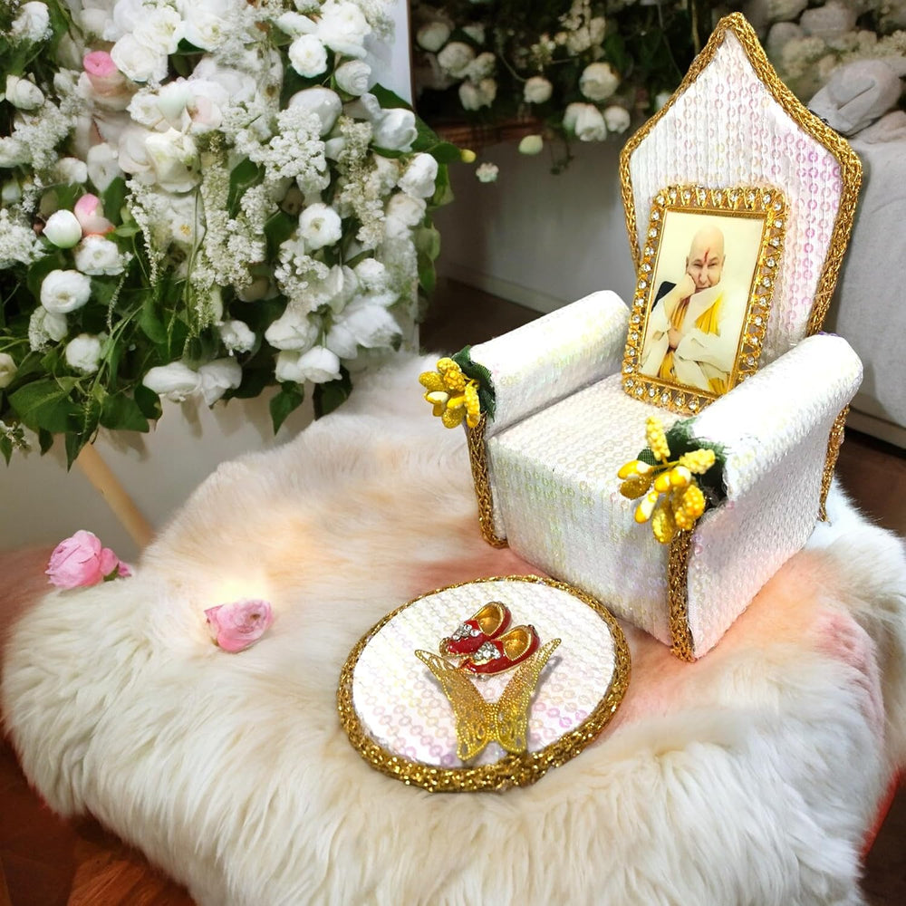 Guruji Darbar Includes Singhasan with Guruji Swaroop, Charan Paduka and Gold Plated Butterfly on mat | Shukrana Blessings | Imported Wood | Premium Fabric | Color : White