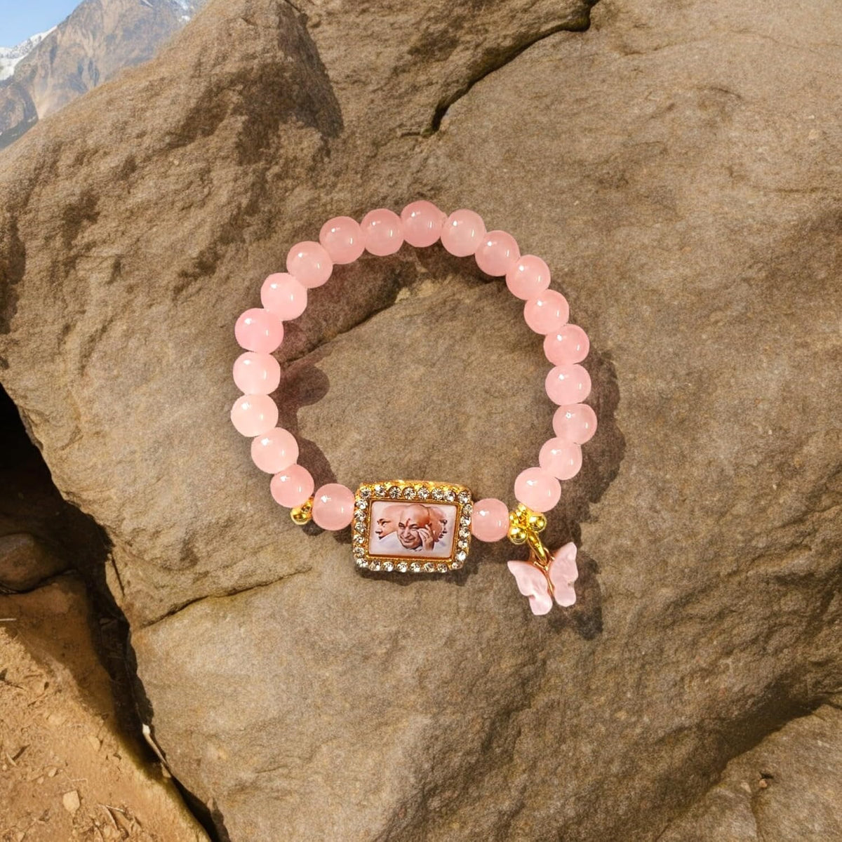 Guruji Swaroop Bracelet with Baby Pink Pearl & Butterfly Charm | Jai Guru Ji Spiritual Bracelet for Blessings, Positivity & Devotional Gifting