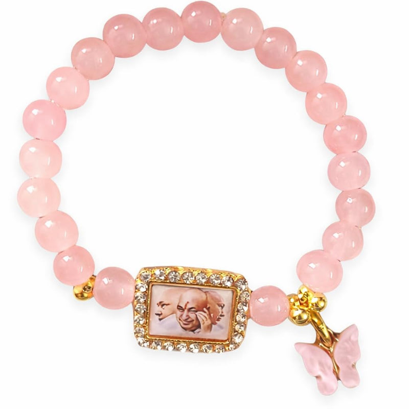 Guruji Swaroop Bracelet with Baby Pink Pearl & Butterfly Charm | Jai Guru Ji Spiritual Bracelet for Blessings, Positivity & Devotional Gifting