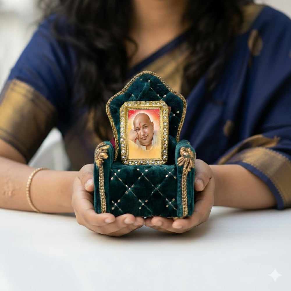 Guruji Darbar with Singhasan, Guruji Swaroop, Charan Paduka & Gold Plated Butterfly | Shukrana Blessings | Imported Wooden Darbar with Premium Fabric Mat | Bottle Green