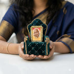 Guruji Darbar with Singhasan, Guruji Swaroop, Charan Paduka & Gold Plated Butterfly | Shukrana Blessings | Imported Wooden Darbar with Premium Fabric Mat | Bottle Green
