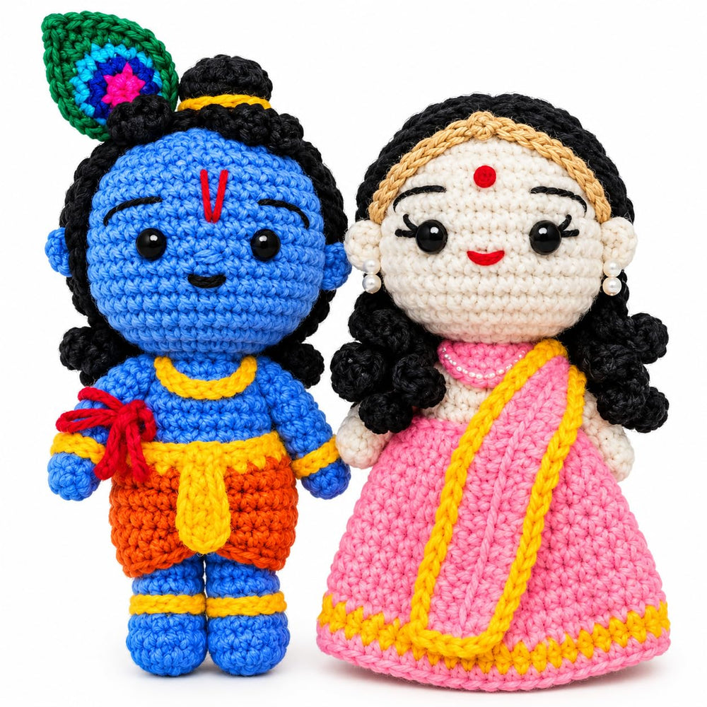 Handmade Crochet Radha Krishna Idol Set for Office Gifting & Home Decor | Cute Spiritual Decorative Showpiece for Desk, Workstation, Living Room & Pooja Room | Good Luck Gift