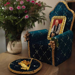 Guruji Darbar with Singhasan, Guruji Swaroop, Charan Paduka & Gold Plated Butterfly | Shukrana Blessings | Imported Wooden Darbar with Premium Fabric Mat | Bottle Green