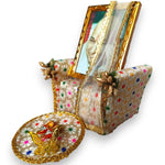 Guruji Darbar Includes Couch Singhasan with Guruji Swaroop, Charan Paduka and Gold Plated Butterfly on mat | Shukrana Blessings | Imported Wood | Premium Fabric | Color : White & Multicolor Flowers