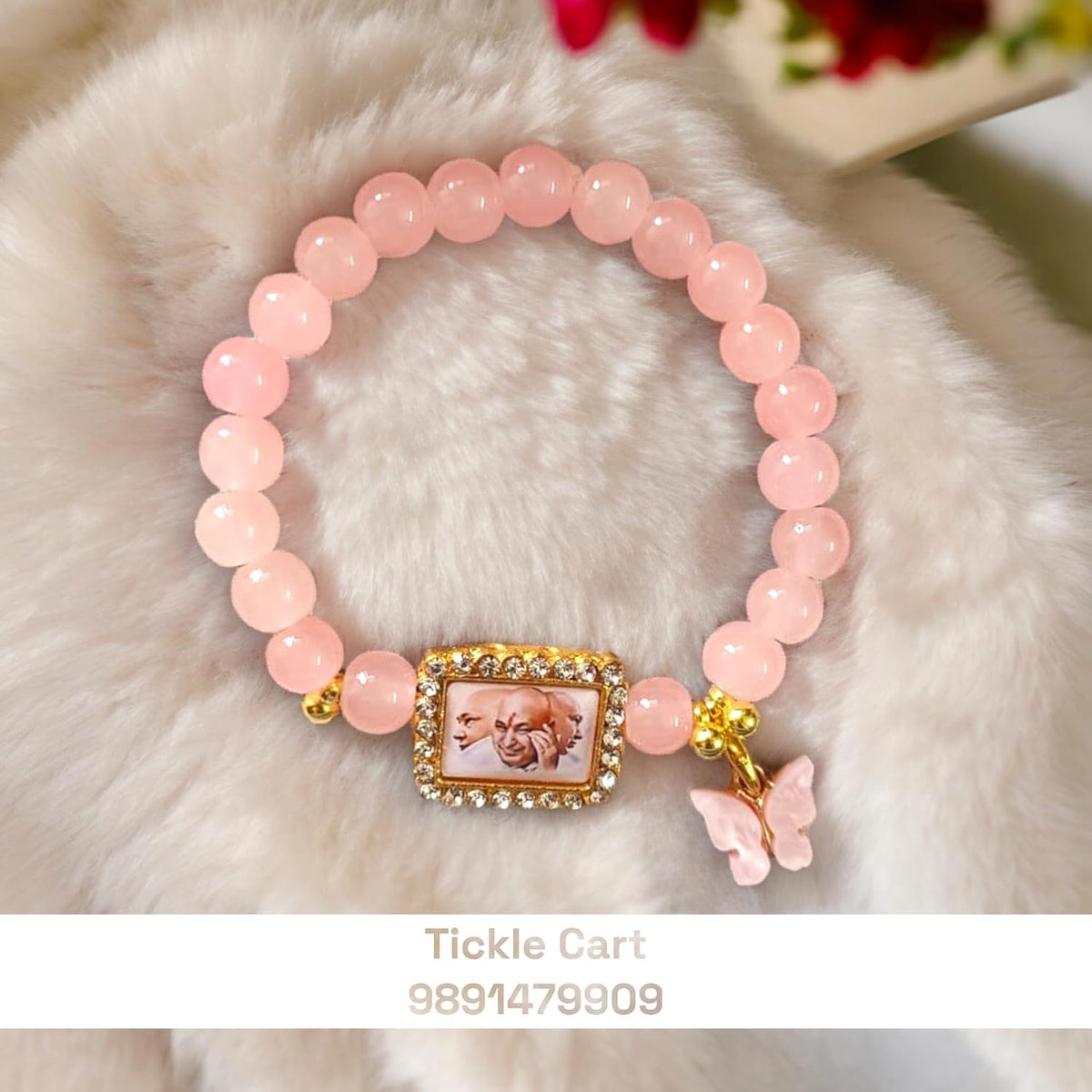 Guruji Swaroop Bracelet with Baby Pink Pearl & Butterfly Charm | Jai Guru Ji Spiritual Bracelet for Blessings, Positivity & Devotional Gifting