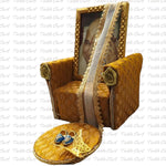 Guruji Couch Darbar Includes Singhasan with Guruji Swaroop, Charan Paduka and Gold Plated Butterfly on mat | Imported Wood | Premium Fabric | Color : Yellow