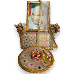 Guruji Darbar Includes Couch Singhasan with Guruji Swaroop, Charan Paduka and Gold Plated Butterfly on mat | Shukrana Blessings | Imported Wood | Premium Fabric | Color : White & Multicolor Flowers