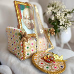 Guruji Darbar Includes Couch Singhasan with Guruji Swaroop, Charan Paduka and Gold Plated Butterfly on mat | Shukrana Blessings | Imported Wood | Premium Fabric | Color : White & Multicolor Flowers