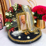 Jai GURU JI | Guruji Darbar Includes Guruji Swaroop, Charan Paduka and Gold Plated Butterfly on mat | Imported Wood | Premium Fabric | Color : Blue