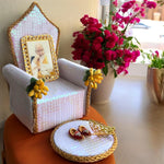 Guruji Darbar Includes Singhasan with Guruji Swaroop, Charan Paduka and Gold Plated Butterfly on mat | Shukrana Blessings | Imported Wood | Premium Fabric | Color : White