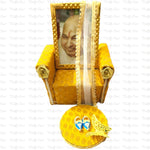 Guruji Couch Darbar Includes Singhasan with Guruji Swaroop, Charan Paduka and Gold Plated Butterfly on mat | Imported Wood | Premium Fabric | Color : Yellow