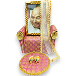 Guruji Darbar Includes Singhasan with Guruji Swaroop, Charan Paduka and Gold Plated Butterfly on mat | Imported Wood | Premium Fabric | Color : Girly Pink