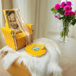 Guruji Couch Darbar Includes Singhasan with Guruji Swaroop, Charan Paduka and Gold Plated Butterfly on mat | Imported Wood | Premium Fabric | Color : Yellow