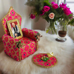 Guruji Darbar Includes Singhasan with Guruji Swaroop, Charan Paduka and Gold Plated Butterfly|Shukrana Blessings|Imported Wood|Fabric|Color : Pink & Multicolor Flowers, 12.7 x 12.7 Cm