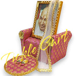 Guruji Darbar Includes Singhasan with Guruji Swaroop, Charan Paduka and Gold Plated Butterfly on mat | Imported Wood | Premium Fabric | Color : Girly Pink