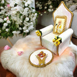 Guruji Darbar Includes Singhasan with Guruji Swaroop, Charan Paduka and Gold Plated Butterfly on mat | Shukrana Blessings | Imported Wood | Premium Fabric | Color : White