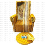 Guruji Couch Darbar Includes Singhasan with Guruji Swaroop, Charan Paduka and Gold Plated Butterfly on mat | Imported Wood | Premium Fabric | Color : Yellow
