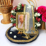Jai GURU JI | Guruji Darbar Includes Guruji Swaroop, Charan Paduka and Gold Plated Butterfly on mat | Imported Wood | Premium Fabric | Color : Blue