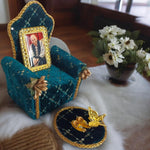 Guruji Darbar with Singhasan, Guruji Swaroop, Charan Paduka & Gold Plated Butterfly | Shukrana Blessings | Imported Wooden Darbar with Premium Fabric Mat | Bottle Green